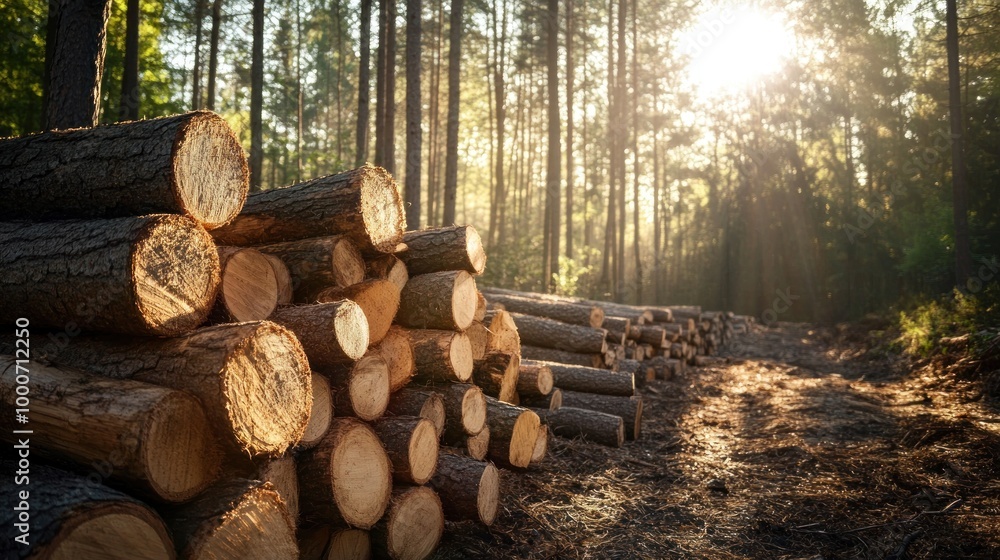 Poster sunlight filters through trees onto stacked logs in a serene forest setting.