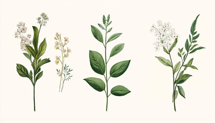 Fototapeta premium Hand-drawn vintage illustrations of different plant species, paired with soft, muted colors for a calming and artistic vibe