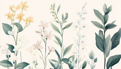 Fototapeta premium Hand-drawn vintage illustrations of different plant species, paired with soft, muted colors for a calming and artistic vibe