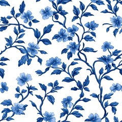 Fototapeta premium Elegant floral design in blue hues on a white background, featuring intertwining vines and blooming flowers.