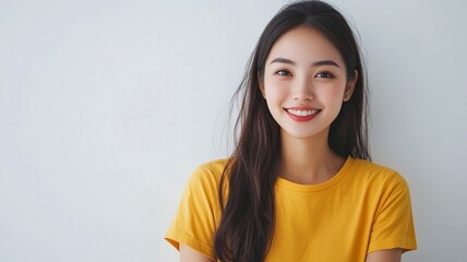 Fototapeta premium Cheerful beautiful Asian woman in a yellow shirt and stand on white background. generative ai