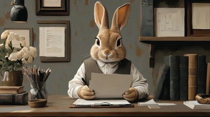 A rabbit in a vest sits at a desk, writing on a piece of paper.