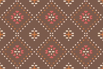 Pixel Art Abstract Ikat Quilt Patternfolk Embroidery, Aztec Geometric Ornament Print. Design for Carpet, Wallpaper, Clothing, Wrapping, Fabric