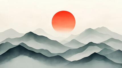Fototapeta premium Serene mountain landscape with sunrise over misty peaks in watercolor style