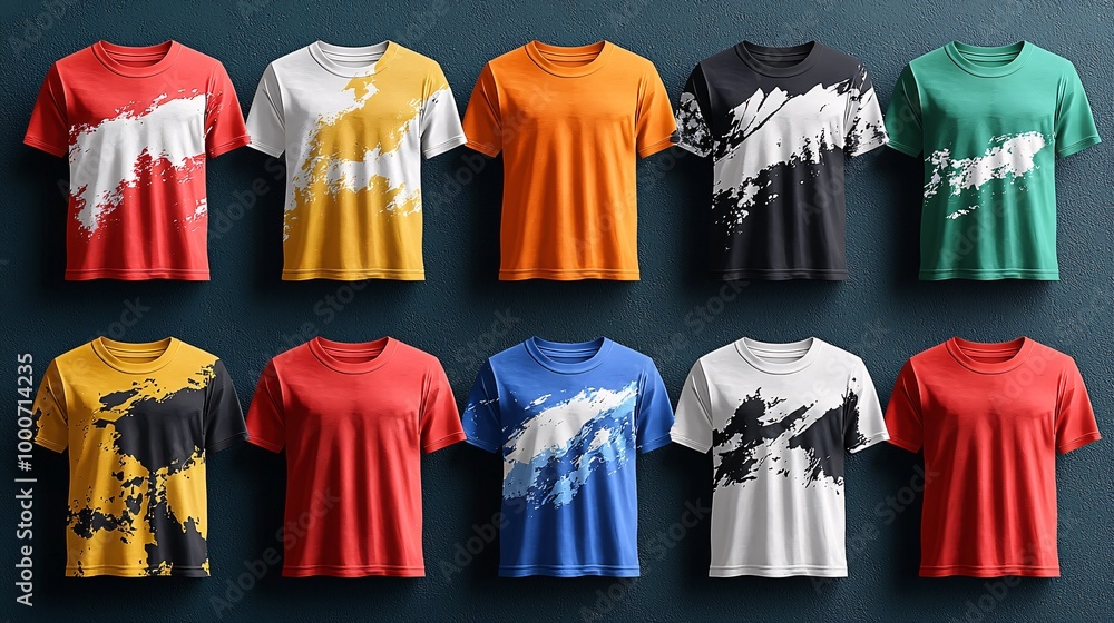 Wall mural a set of t-shirts in solid colors with abstract shapes and patterns hovering above them in a vector 