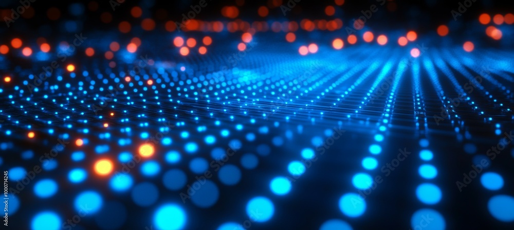 Poster Blue dots digital light. Global data cyber system. Generative AI technology.