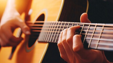 Obraz premium Close-up of hands playing acoustic guitar strings