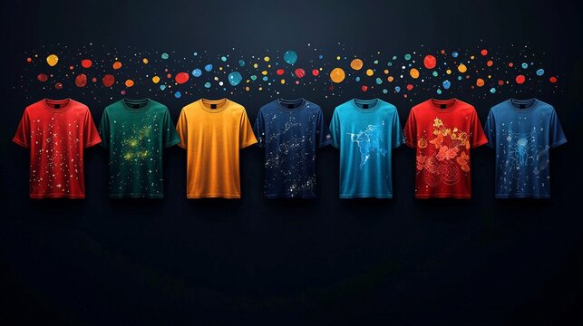 A set of t-shirts in solid colors with abstract shapes and patterns hovering above them in a vector style