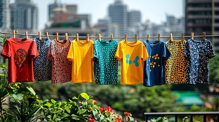 A vibrant array of t-shirts hung on a clothesline, with various vector patterns visible on each shirt