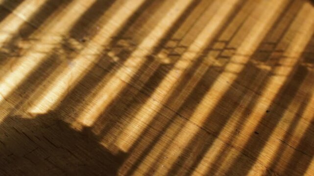 Sunlight passing through window blinds casting shadows on wooden floor
