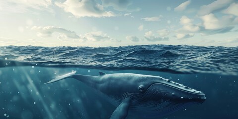 Fototapeta premium Humpback Whale Swimming Underwater, A Split View of the Ocean
