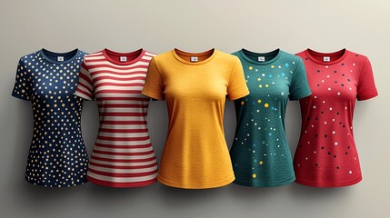 A group of t-shirts with polka dots, stripes, and abstract patterns, arranged in a modern, vector-style layout