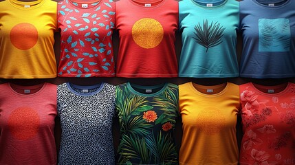 A colorful range of t-shirts in different textures and patterns, each displayed in a clean vector format
