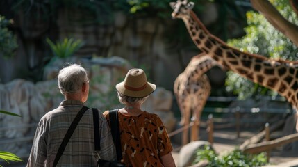 A photograph of two elderly people enjoying a sunny day at the zoo, watching the animals with delight. Ultra detailed