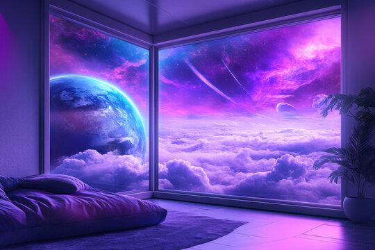 Surreal cosmic view of outer space through modern room window