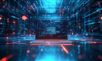 Obraz premium Immersive visual showcasing online insurance services through holographic displays above a laptop, symbolizing the seamless digital integration of securing coverage, Generative AI