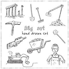 Dig hand drawn doodle set. Vector illustration. Isolated elements on white background. Symbol collection.