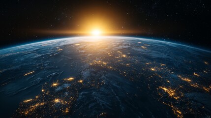 Dramatic Earth sunrise from space, with cities glowing and thin blue atmospheric light.
