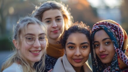 Young women of various ethnic backgrounds, standing closely and smiling warmly