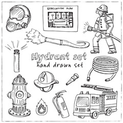 Hydrant hand drawn doodle set. Vector illustration. Isolated elements on white background. Symbol collection.