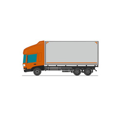 3D Isometric Cargo Truck Half Tone Vector Illustration Modern OrangeCabine and White Van Intercity Delivery Vehicle 6x4Design for Logistics Transport Presentation Social Media Video Promo Left
