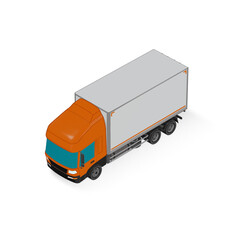 3D Isometric Cargo Truck Half Tone Vector Illustration Modern OrangeCabine and White Van Intercity Delivery Vehicle 6x4Design for Logistics Transport Presentation Social Media Video Promo Front Left