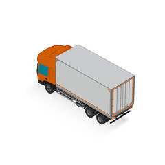 3D Isometric Cargo Truck Half Tone Vector Illustration Modern OrangeCabine and White Van Intercity Delivery Vehicle 6x4Design for Logistics Transport Presentation Social Media Video Promo Back Left