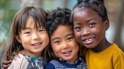 A close-up of three kids from diverse backgrounds, smiling brightly