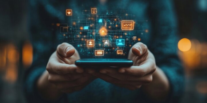 Person holds a smartphone displaying icons representing an Omni Channel approach, integration of multiple platforms and channels for seamless communication and connectivity, Generative AI