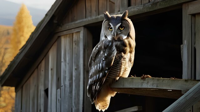 A barn owl perches on a wooden beam in an old barn, hooting softly into the quiet autumn air as the countryside grows darker.