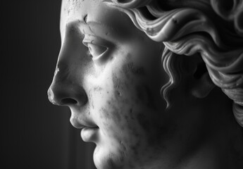 Dramatic black and white portrait of a sculpted face