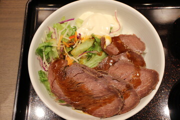 Japanese cuisine: ostrich meat bowl in Tokyo, Japan