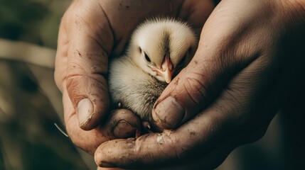 A tender moment of a small, fluffy chick being gently cradled in human hands, symbolizing care and connection with nature.