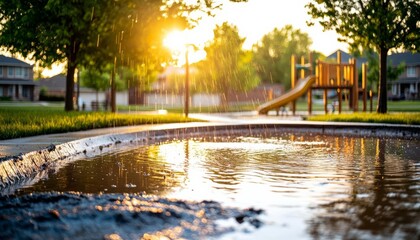 Fototapeta premium Playground with water reflection at sunset, serene outdoor setting.