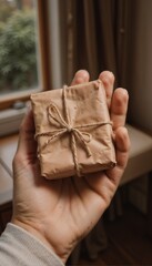 Person holding a rustic gift wrapped in brown paper with twine in a cozy indoor setting