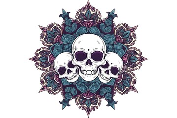 Beautiful bohemian damask seamless ornament. Baroque tattoo style pattern with skull.
