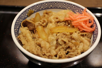 Japanese cuisine: gyudon (beef bowl) with beni shoga (pickled red ginger) in Tokyo, Japan