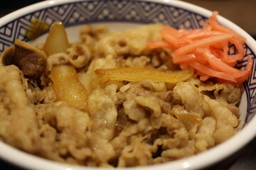 Japanese cuisine: gyudon (beef bowl) with beni shoga (pickled red ginger) in Tokyo, Japan