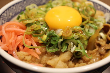 Japanese cuisine: gyudon (beef bowl) with raw egg, green onions, and beni shoga (pickled red ginger) in Tokyo, Japan