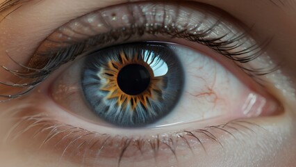 Fototapeta premium A detailed close-up of a human eye, emphasizing the intricate iris pattern and sharp reflection of light. The texture of the skin around the eye is also visible