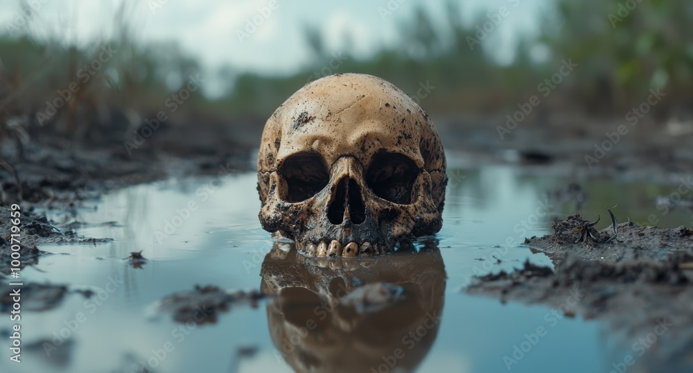 Poster Eerie skull reflection in water