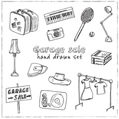 Garage hand drawn doodle set. Vector illustration. Isolated elements on white background. Symbol collection.