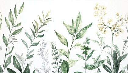 Fototapeta premium Hand-drawn vintage illustrations of different plant species, paired with soft, muted colors for a calming and artistic vibe