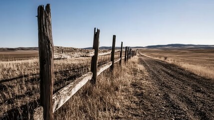 Obraz premium A rustic wooden fence lines a dirt road, surrounded by vast plains under a clear blue sky, evoking serenity and rural tranquility.