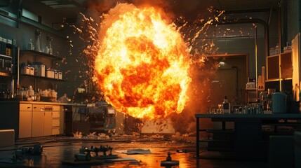 A laboratory explosion creating a large fireball amidst scientific equipment.