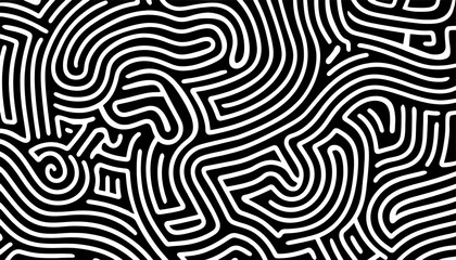 Obraz premium Abstract black and white wave squiggle doodle fingerprint style maze pattern background banner. Black and white abstract textured background. Fingerprint Pattern background 