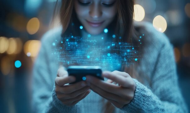 Business person using smartphone to interact with modern AI chatbot CAN I HELP YOU message for customer service assistance and digital support concept, Generative AI