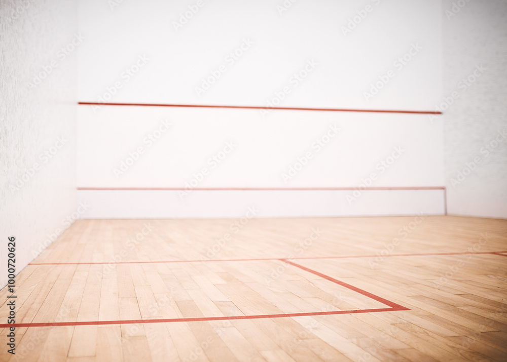 Wall mural Squash, court and background for fitness, game and exercise in sport competition with mockup space. Indoor club, texture and activity in gym for wellness, match or exercise in athletics, hobby or fun