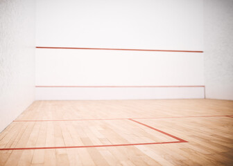 Squash, court and background for fitness, game and exercise in sport competition with mockup space. Indoor club, texture and activity in gym for wellness, match or exercise in athletics, hobby or fun