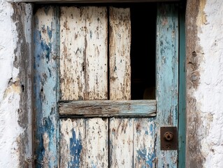 A weathered wooden door with peeling blue paint and a rustic charm, set against a white wall, suggesting age and history.